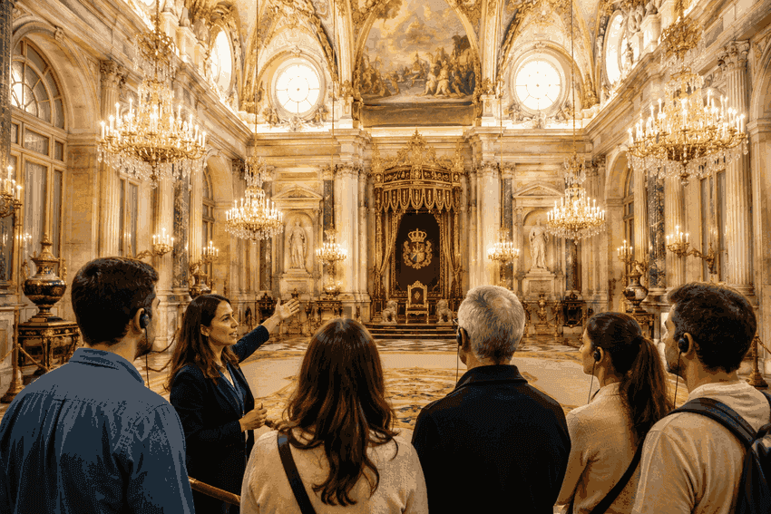 Guided tour inside the Royal Palace of Madrid with visitors wearing headsets as a guide explains the historic royal interior.