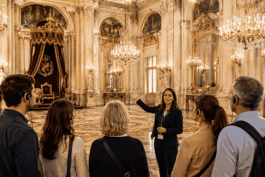 Guided tour inside the Royal Palace of Madrid with visitors wearing headsets while exploring the ornate royal rooms.